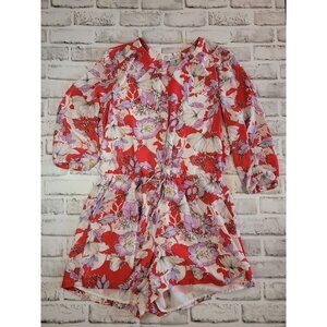 Carolina Belle Red, Pink, White Floral Romper Tie Waist Button Down Size 8